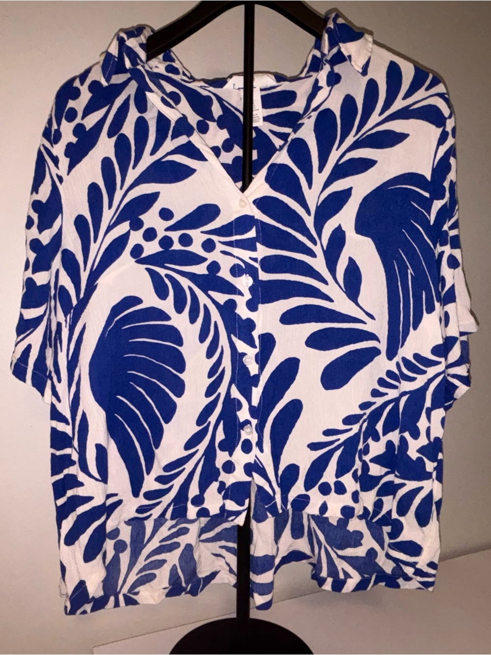 Blue and White Tropical Print Button-Up Top